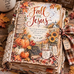 May include: A hardcover journal with a fall-themed cover featuring pumpkins, sunflowers, a Bible, and a coffee mug. The text reads Fall For Jesus, This is the day which the LORD hath made; we will rejoice and be glad in it. Psalm 118:24. It has lace trim and charms.