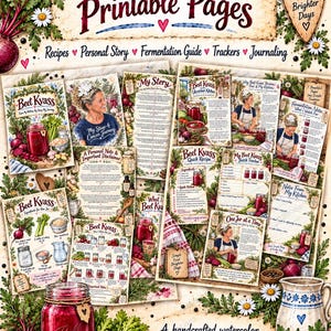 May include: A collection of 14 printable pages featuring recipes, a personal story, a fermentation guide, trackers, and journaling prompts about beet kvass. The pages include watercolor illustrations of beets, garlic, and kitchen tools.