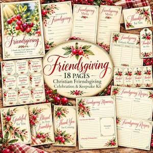 May include: A Friendsgiving celebration and keepsake kit featuring 18 pages of printed stationery, including invitations, menus, potluck planners, recipe cards, memory logs, and gift tags, all decorated with red berry and green leaf illustrations.