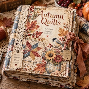 May include: A hardcover book titled Autumn Quilts with a cover featuring a bird, sunflowers, and autumn leaves. The book has a lace spine, a fabric tag reading Stitches Family Home Always, and a metal charm reading Good Quilts Brighter Days.