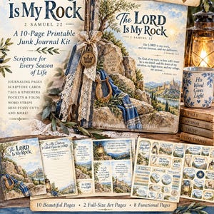 Peut inclure: Un kit de journal créatif imprimable de 10 pages intitulé The Lord Is My Rock, comprenant des cartes d'écritures, des pages de journal, des étiquettes, des éphémères, des pochettes et des bandes de mots avec des thèmes religieux.