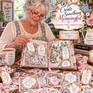 May include: A decorative scrapbook titled Promises of God Volume 2, featuring floral patterns, butterfly illustrations, and religious text. The open book displays pages with pockets, tags, and inspirational quotes, surrounded by matching cards and a mug.