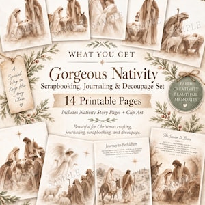May include: A digital printable set featuring 14 pages of nativity-themed illustrations in sepia tones. The collection includes scenes of the holy family, angels, and shepherds, with text elements like 'Journey to Bethlehem' and 'The Savior Is Born'.