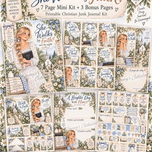 Puede incluir: Un kit de diario cristiano imprimible titulado She Walks by Faith, que incluye siete páginas más tres páginas adicionales. El kit presenta ilustraciones de una persona con una trenza larga, iglesias, margaritas, cintas de cuadros vichy azules y versículos bíblicos.
