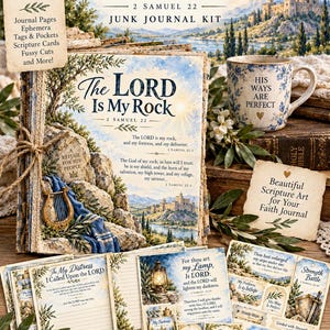 Op de afbeelding: Een 10-pagina tellende junk journal kit getiteld The Lord Is My Rock, met pagina's in bijbelthema, ephemera, labels en zakjes. De kit bevat bedrukte vellen met landschapsillustraties, een harp, een lantaarn en religieuze teksten uit 2 Samuel.