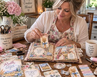 Puede incluir: Un álbum de recortes con patrones florales, ilustraciones de trigo y textos religiosos que incluyen The Lord is good Ruth 3:1. El libro está rodeado de papel efímero, etiquetas y tarjetas a juego con frases como A Story of Redemption y A New Beginning.