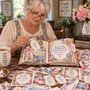 May include: A decorative scrapbook featuring floral patterns, pink ribbons, and religious text. The open pages display the verse Isaiah 40:8, while surrounding cards show various inspirational quotes, butterflies, and flowers on a wooden table.