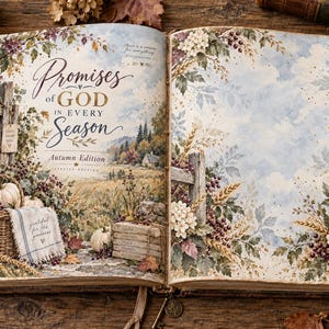 Puede incluir: Un libro abierto titulado Promises of God in Every Season Autumn Edition que presenta una ilustración de paisaje con una valla de madera, calabazas en una cesta y una pila de libros. Las páginas están decoradas con follaje y bayas de otoño.