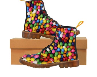 Women's Canvas Boots, Gumball boots, boots with gumballs, gumballs, women's boots, artwork on boots, canvas boots.
