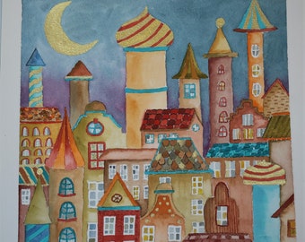 TOWN IN DREAMLAND. . Handmade unique and original watercolor painting. Calming subject. Ideal gift.