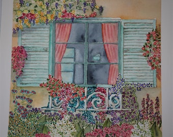 WINDOW WITH FLOWERS. Handmade unique and original watercolor painting. Calming subject. Ideal gift.