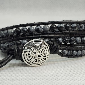 Made to Order - Beaded wrap bracelet snowflake obsidian healing stone 4 mm beads 3 wraps leather hemp cotton cord boho vegan