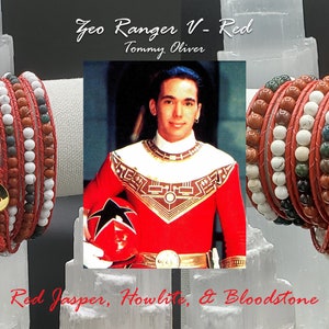 Power Rangers inspired beaded wrap bracelet Zeo Ranger V 5 Tommy Oliver red jasper white howlite bloodstone beads handmade made to order