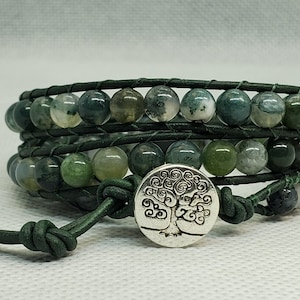 Made to Order - Beaded wrap bracelet moss agate healing stone 6mm beads 3 wraps leather hemp cotton cord boho vegan