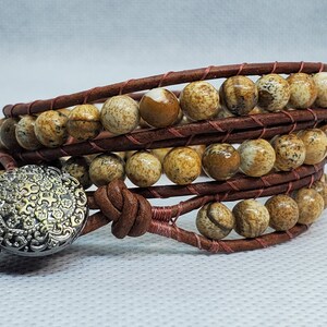 Made to Order - Beaded wrap bracelet picture jasper healing stone 6 mm beads 3 wraps leather hemp cotton cord boho vegan