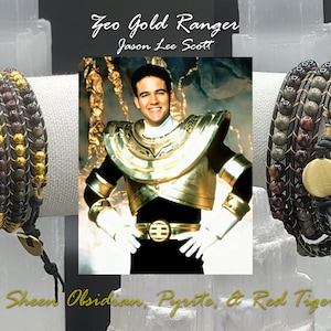 Power Rangers inspired beaded wrap bracelet Zeo Gold Ranger Jason Lee Scott golden sheen obsidian pyrite red tigereye handmade made to order