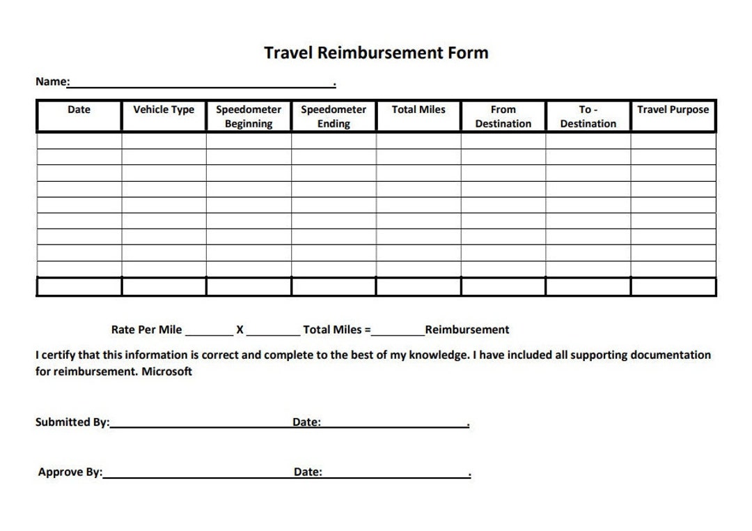 Travel Reimbursement Form PDF Printable Download Etsy