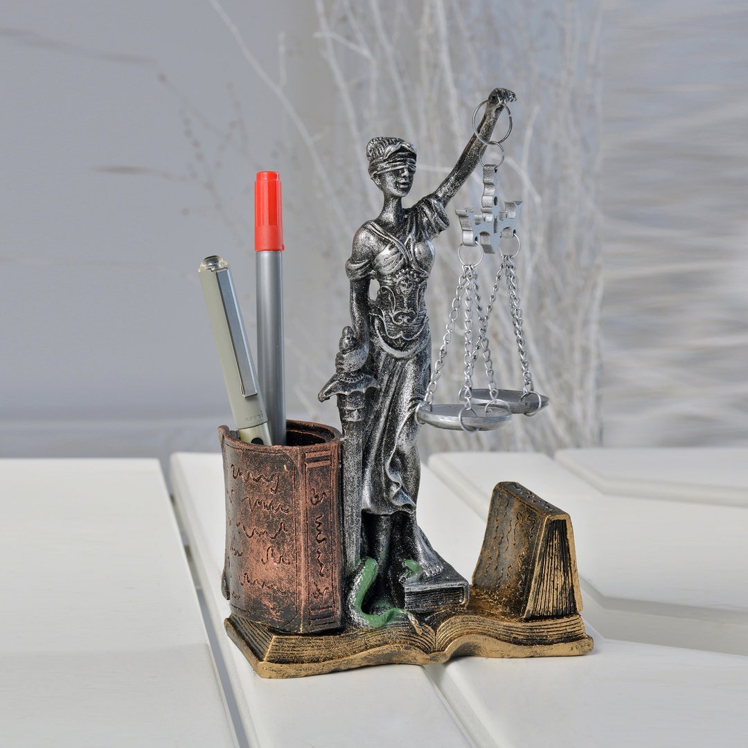 Themis Statue Desktop Pen Holder, Statue of Justice Trinket