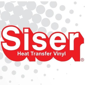 May include: Siser Heat Transfer Vinyl logo in white text on a red background with a white circle pattern behind it.