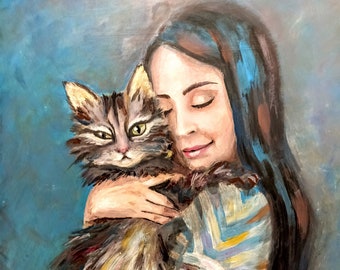 Cat Painting, Girl painting, Oil on canvas, Modern Painting, girl with cat, fine art, wall art