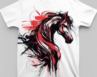 Hand painted t-shirt, painted red horse, hand painting on textiles,  t-shirt with horse, drawn horse