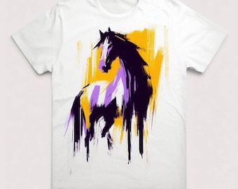 Stylized horse, hand painted t-shirt, painted red horse, hand painting on textiles,  t-shirt with horse, drawn horse
