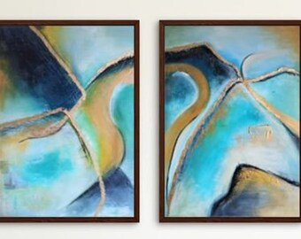 ゴールドウォールアート3点セット、抽象的なターコイズ絵画