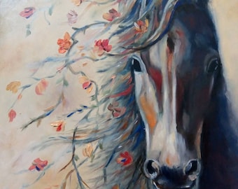 Horse with flowers, modern painting, beautiful, in oil, large canvas, warm colors 50x60 cm