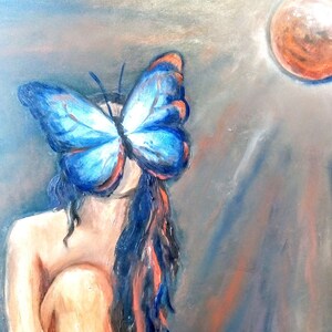 May include: A painting of a woman with a blue butterfly covering her face. The woman has long dark hair and is sitting with her knees bent. The background is a muted gray with a red-orange orb in the upper right corner.