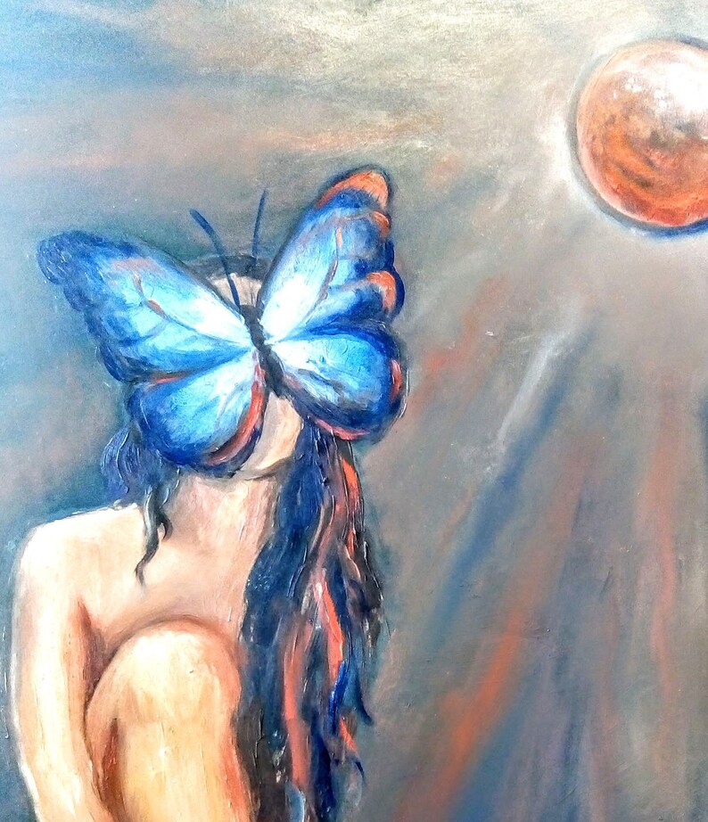 May include: A painting of a woman with a blue butterfly covering her face. The woman has long dark hair and is sitting with her knees bent. The background is a muted gray with a red-orange orb in the upper right corner.