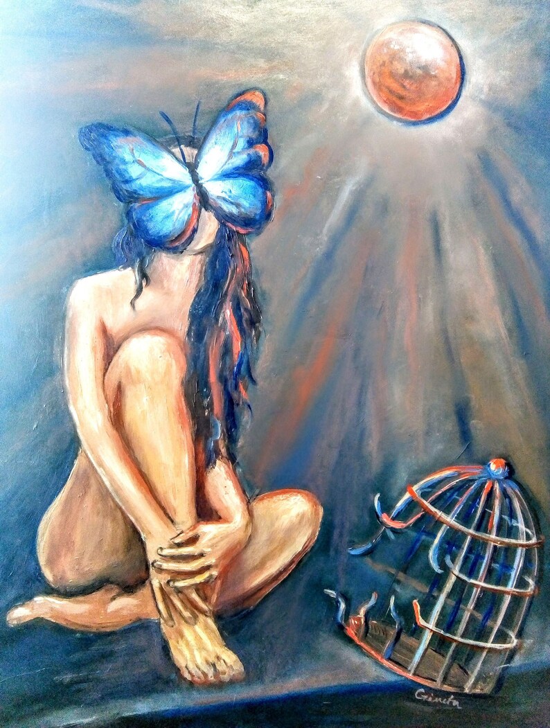 May include: A painting of a woman with a blue butterfly covering her face, sitting with her legs crossed. A broken birdcage lies on the ground next to her. The background is a dark blue with a bright orange sun.