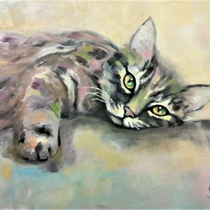 Peinture originale de chat, Huile sur carton, Peinture moderne, peinture expressive