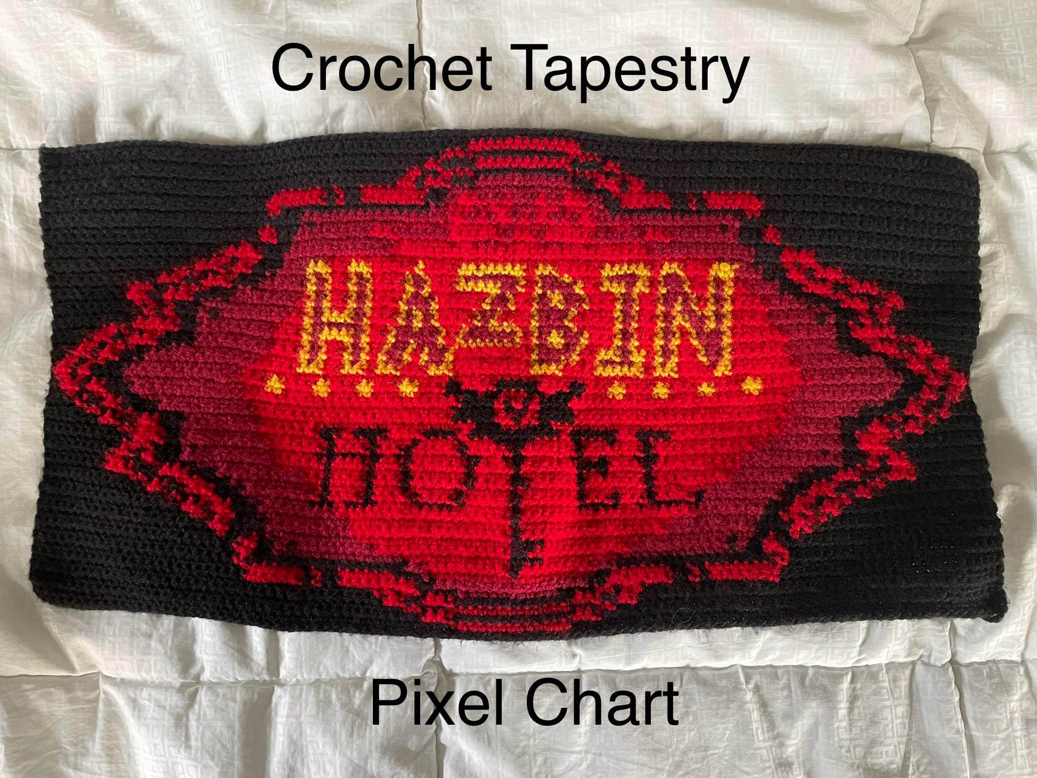 30 Pixel Crochet Patterns for Bold Colorwork, Blankets, Bags, and Amigurumi 4 Hazbin Hotel Tapestry