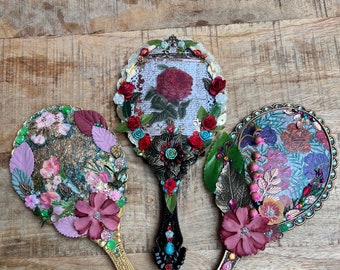 Handheld Mirror - Flower theme, Handmade Gift for Her / Wife / Friend / Bridesmaid, Makeup / Hand / Vanity Mirror, Decorated Gems, Flowers