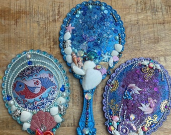 A Handheld Mirror - under the sea , Handmade Gift for Her / Wife / Friend / Bridesmaid, Makeup / Hand / Vanity Mirror/Decorated Gems/ shells