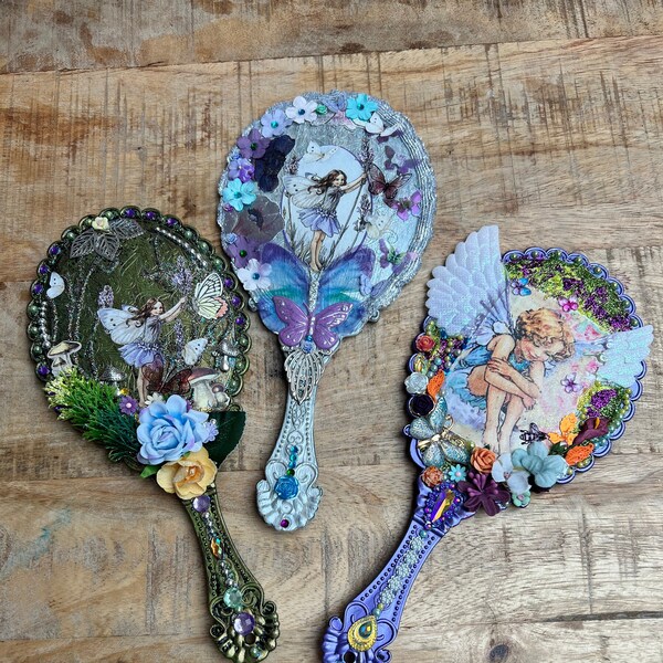 A Handheld Mirror, Fairy theme. Handmade Gift for Her / Wife / Friend / Bridesmaid, Makeup / Hand / Vanity Mirror, Decorated Gems, Flowers