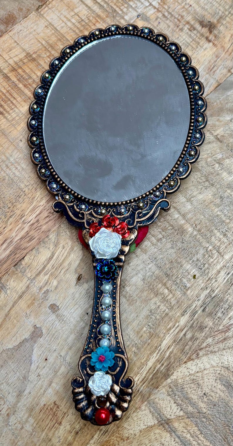 Coraline Handheld Mirror: Gem & Flower Decorated Vanity Mirror image 4