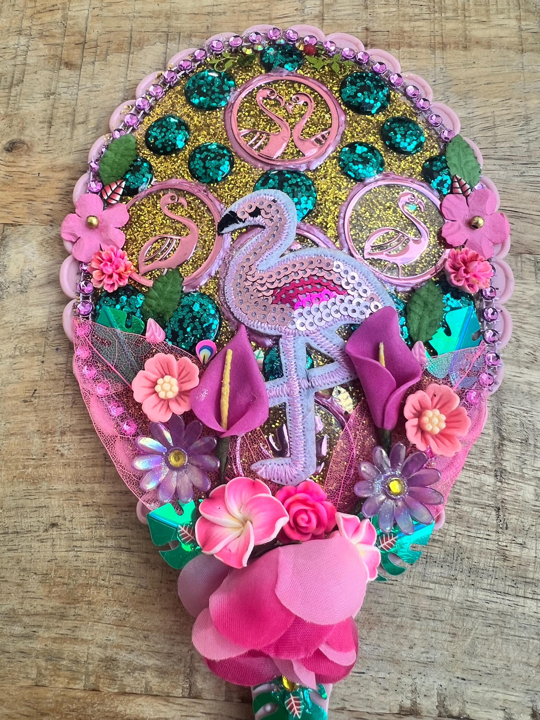 Handheld Mirror Bird, Flamingo: Decorated Gems and Flowers  display picture 1