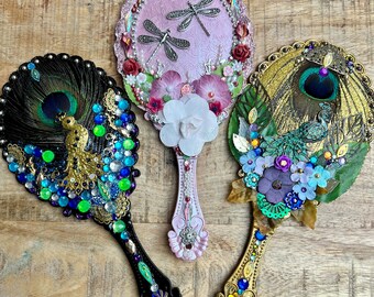 Handheld Mirror, peacock Theme. Handmade Gift for Her / Wife / Friend / Bridesmaid, Makeup / Hand / Vanity Mirror, Decorated Gems, Flowers