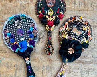 Gothic Handheld Mirror: Handmade Gem and Flower Decorated Vanity