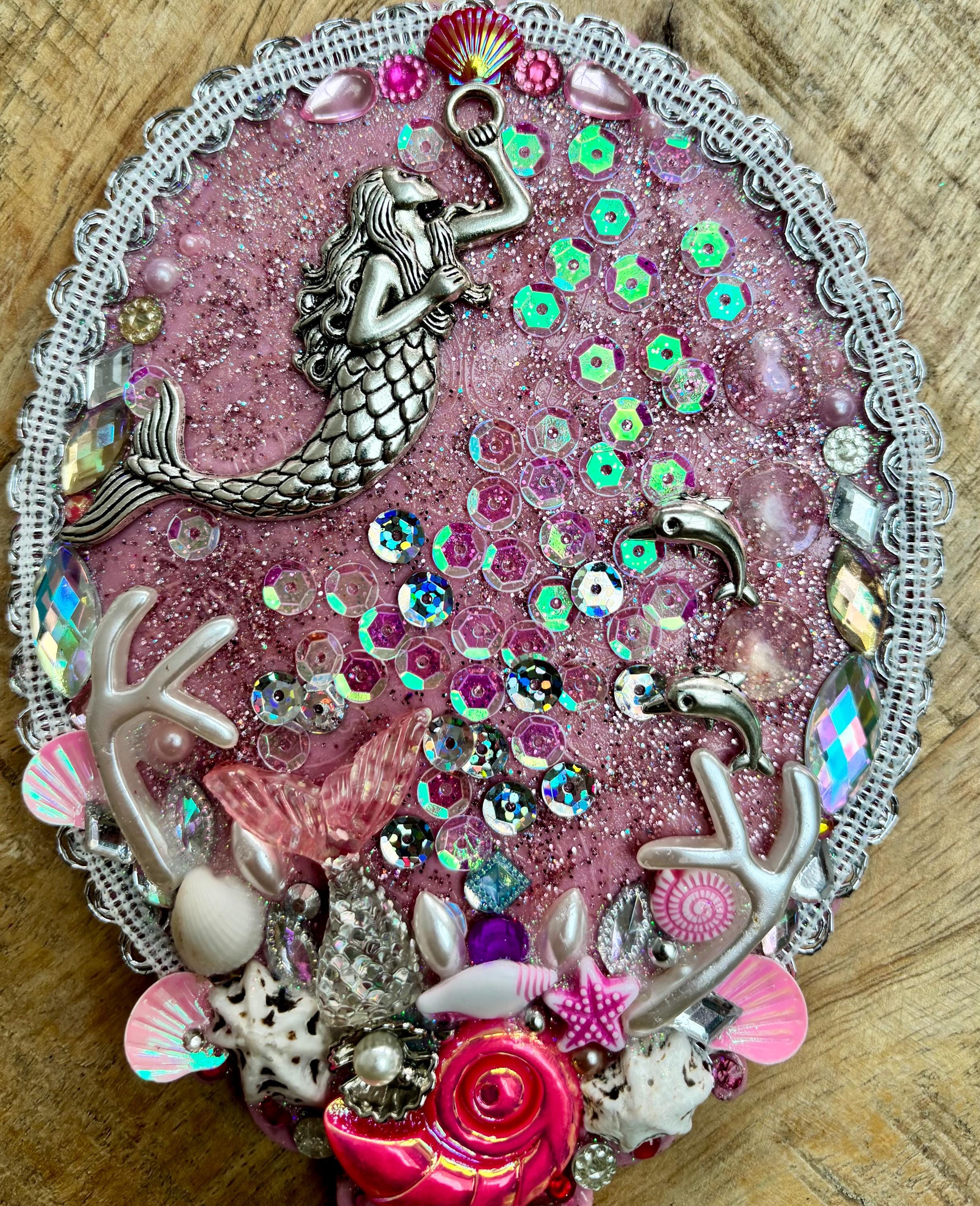 Mermaid Handheld Mirror: Handmade Gem and Shell Decorated Vanity