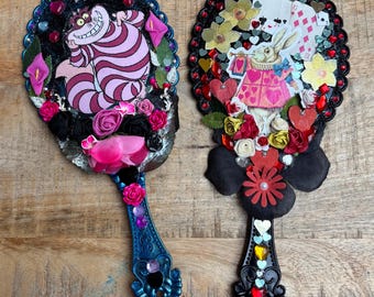 Handheld Mirror - Alice in wonderland theme, Handmade Gift for Wife / Friend / Bridesmaid, Makeup / Hand / Vanity Mirror, Decorated Gems etc