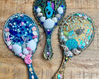 A Handheld Mirror - under the sea , Handmade Gift for Her / Wife / Friend / Bridesmaid, Makeup / Hand / Vanity Mirror/Decorated Gems/ shells