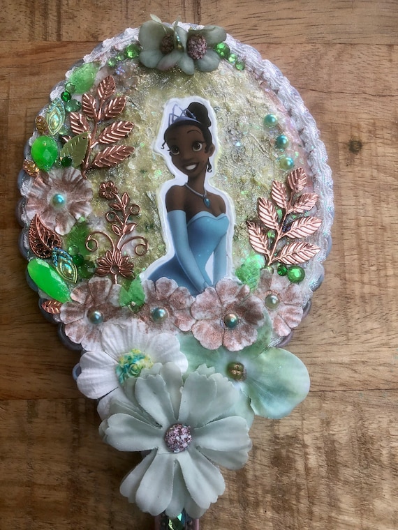 Handmade Tiana Princess Handheld Mirror: Gem and Flower Decorated