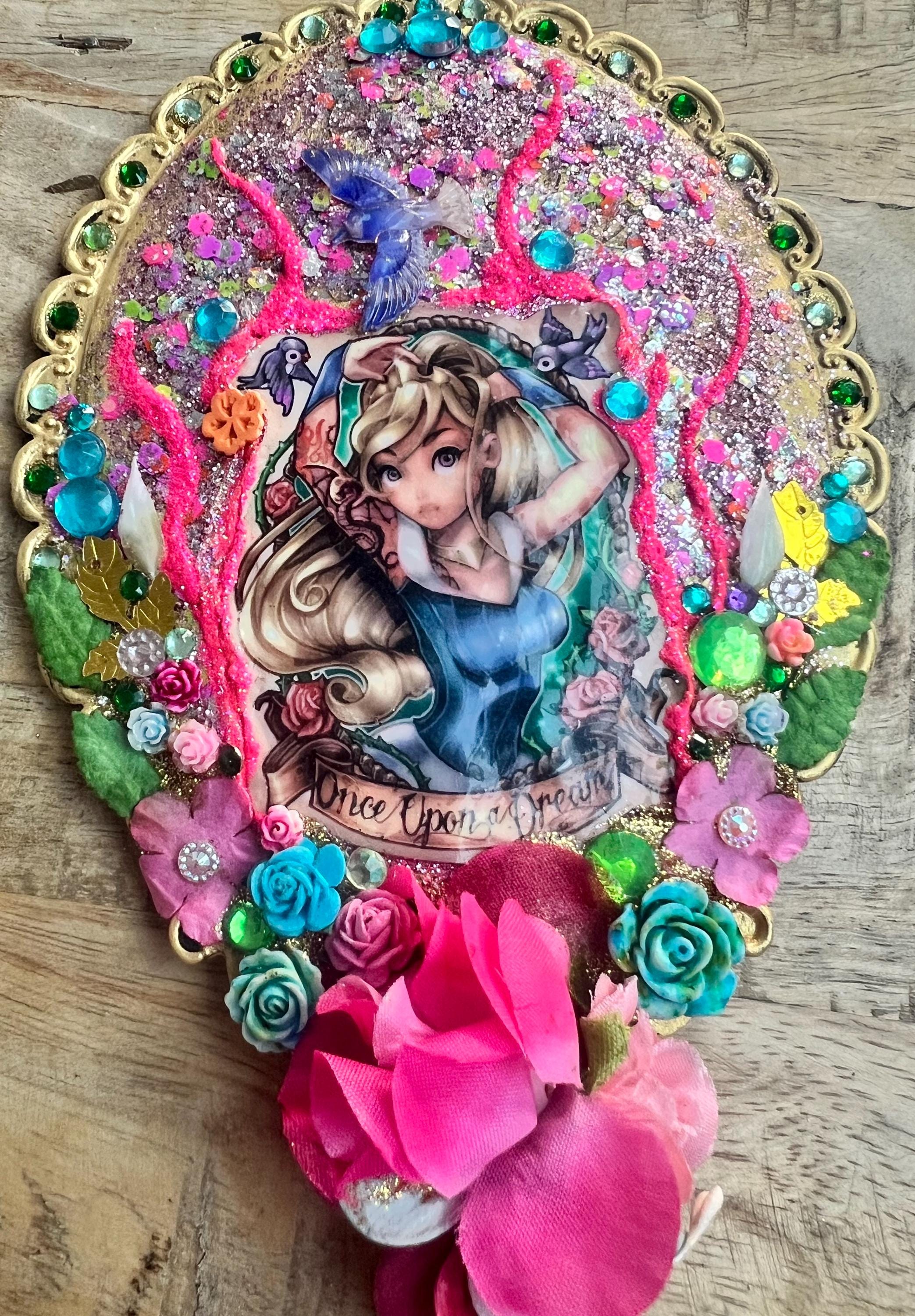 Hand Crafted Pink Floral Hummingbird Hand Mirror with Green Gems il_fullxfull.6743673990_khac.jpg main image 3