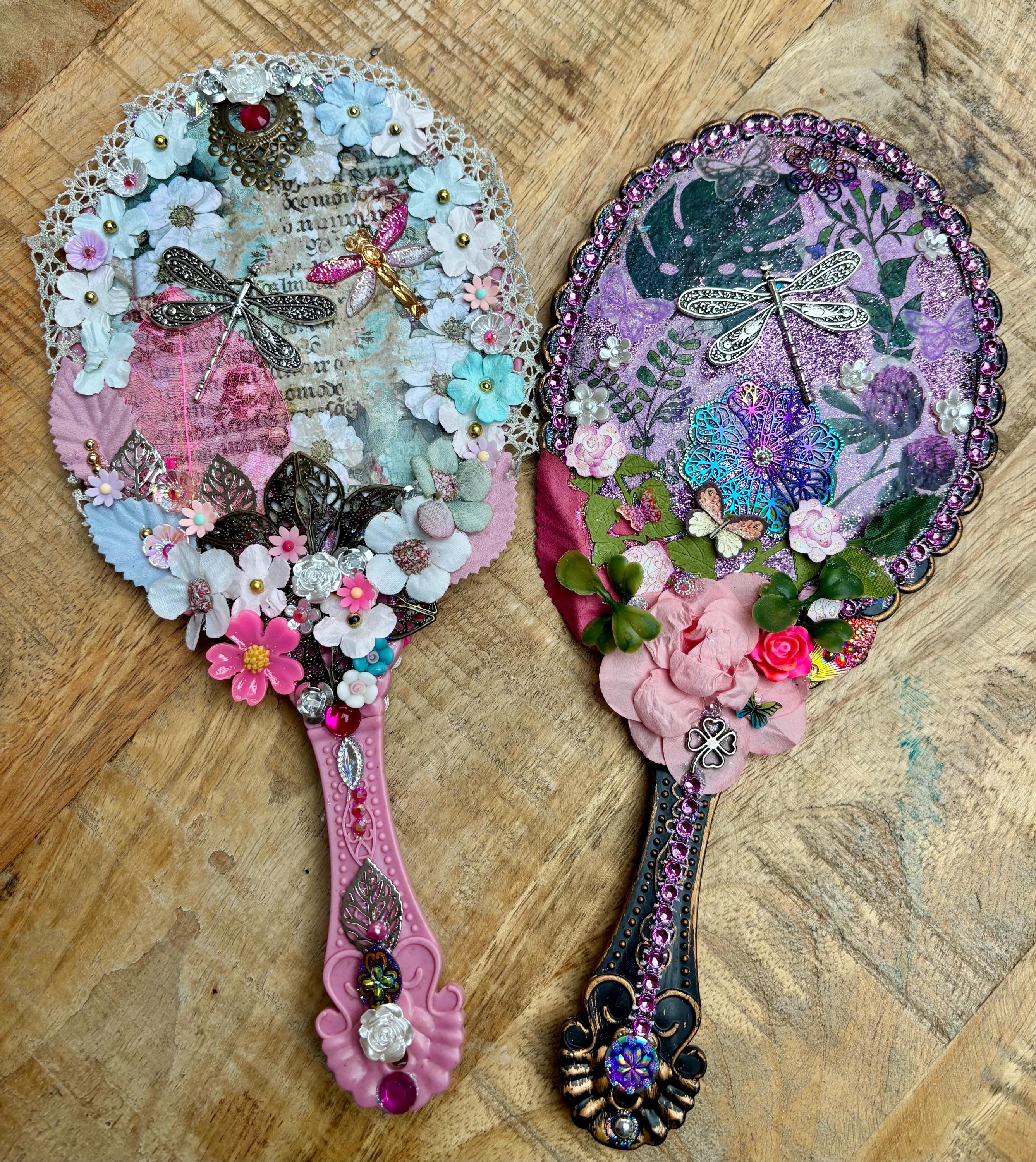 Hand Crafted Pink Floral Hummingbird Hand Mirror with Green Gems Handheld Mirror Bird, Flamingo: Decorated Gems and Flowers  main image 4