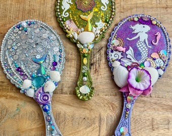 Handheld Mirror - Mermaid Theme / Handmade Gift for Her / Wife / Friend / Bridesmaid, Makeup / Hand / Vanity Mirror, Decorated Gems, Flowers