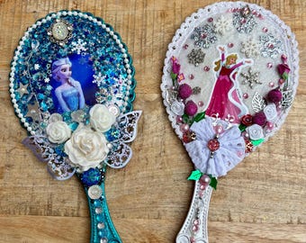 Hand held Mirror, Disney Princess, Handmade Gift for Her/ Wife / Friend / Bridesmaid, Makeup / Hand / Vanity Mirror/Decorated Gems
