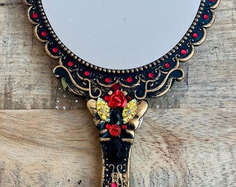 Gothic Handheld Mirror: Handmade Gem and Flower Decorated Vanity