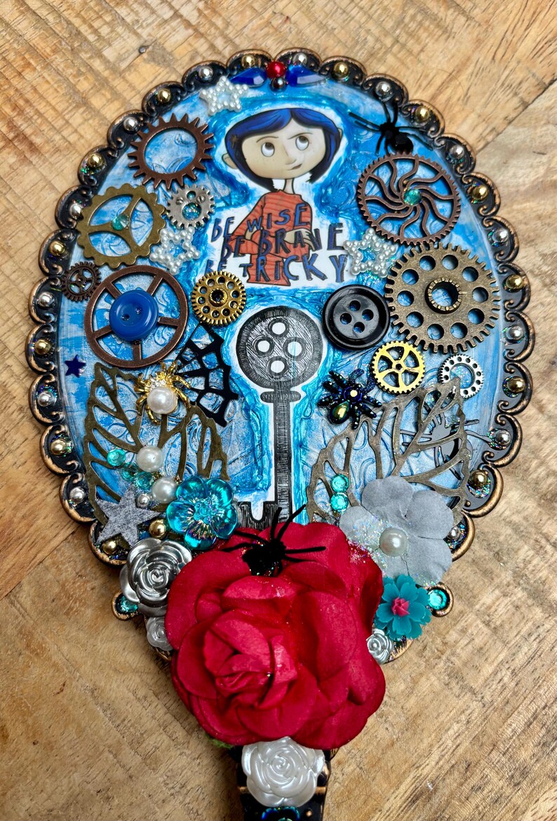 Coraline Handheld Mirror: Gem & Flower Decorated Vanity Mirror image 3